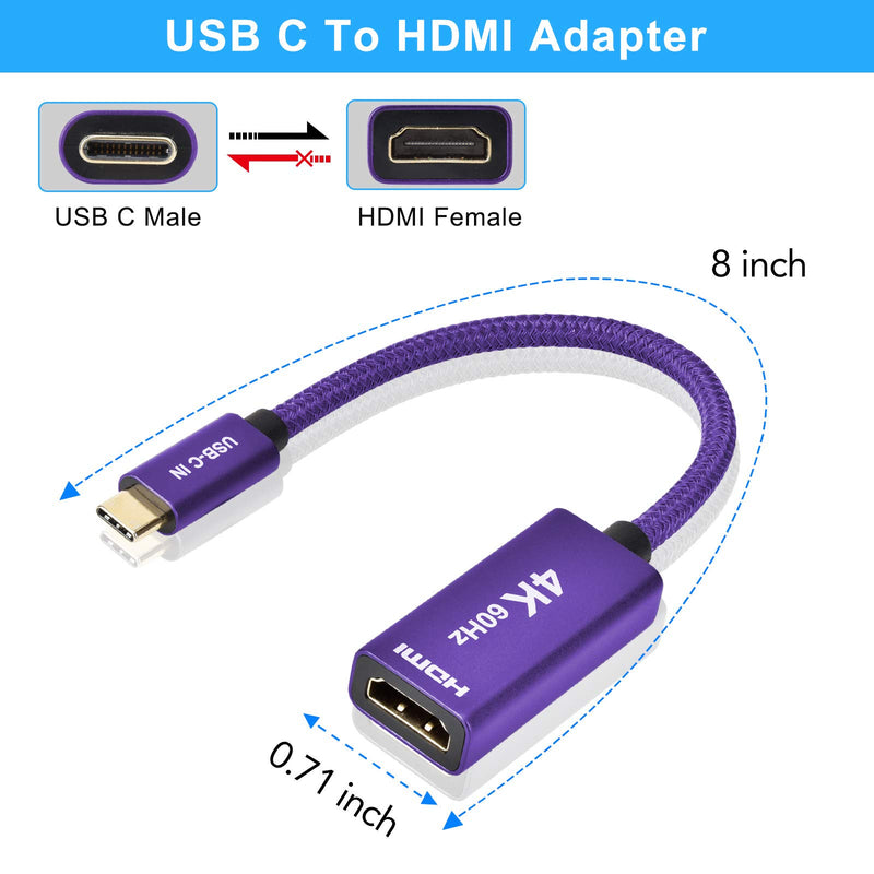 USB C to HDMI Adapter,4K 60Hz USBC Male to HDMI Female Converter,(Thunderbolt 3 Compatible) for MacBook 2016 2017 2018 2020,Mac Air iPad,Microsoft Surface Book Pro 7,Dell XPS 15/13 Purple