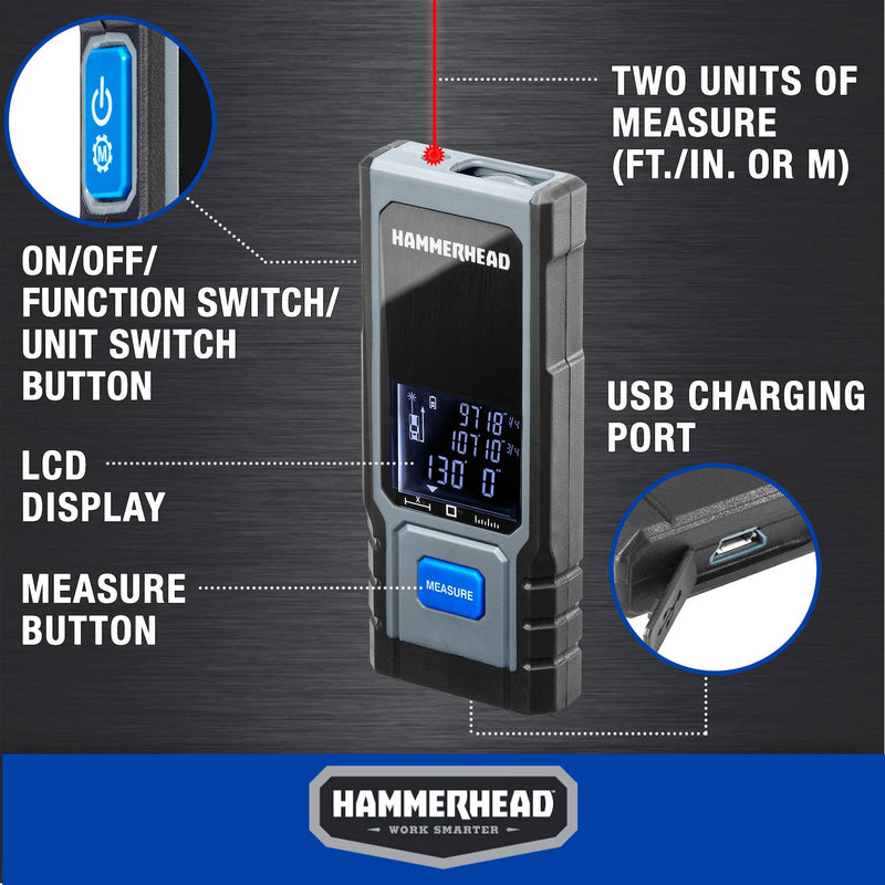 Hammerhead Rechargeable Compact 130ft Laser Measuring Tool - HLMT130 Laser Measurer