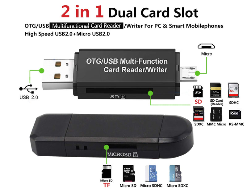 Micro USB OTG to USB 2.0 Adapter,Portable Memory Card Reader,Micro SD Card Reader with Standard USB Male & Micro USB Male Ports for Smartphones&Tablets&PCs & Notebooks with OTG Function-Black
