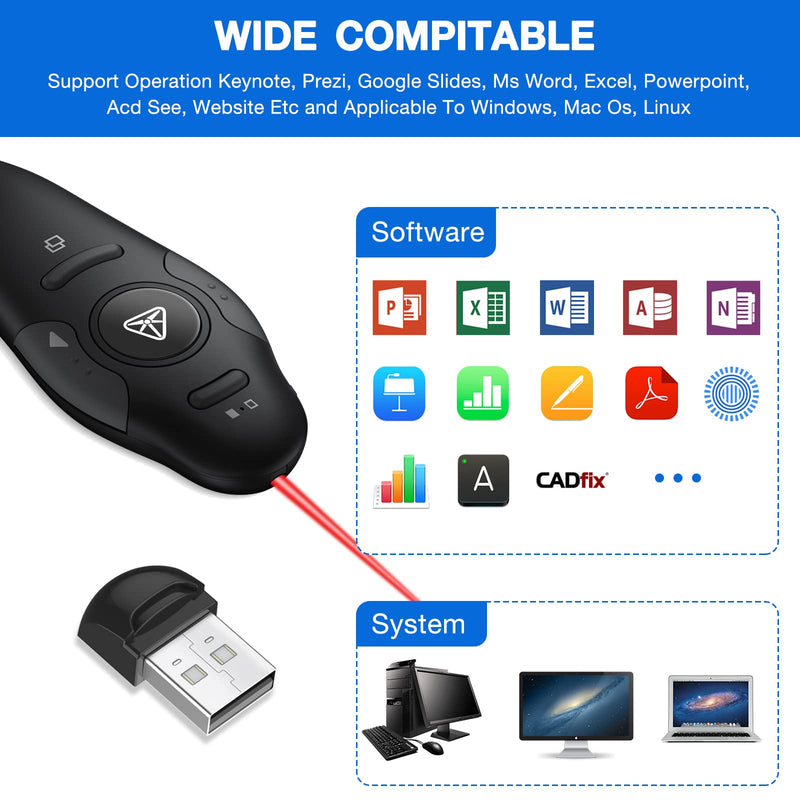 Rechargeable Presentation Clicker Wireless Presenter Remote USB Control Powerpoint PPT Clicker, Red Laser Pointer RF 2.4GHz Presenter Remote Google Slide Advancer for Computer/Laptop/Mac/Keynote Red Light&Rechargeable