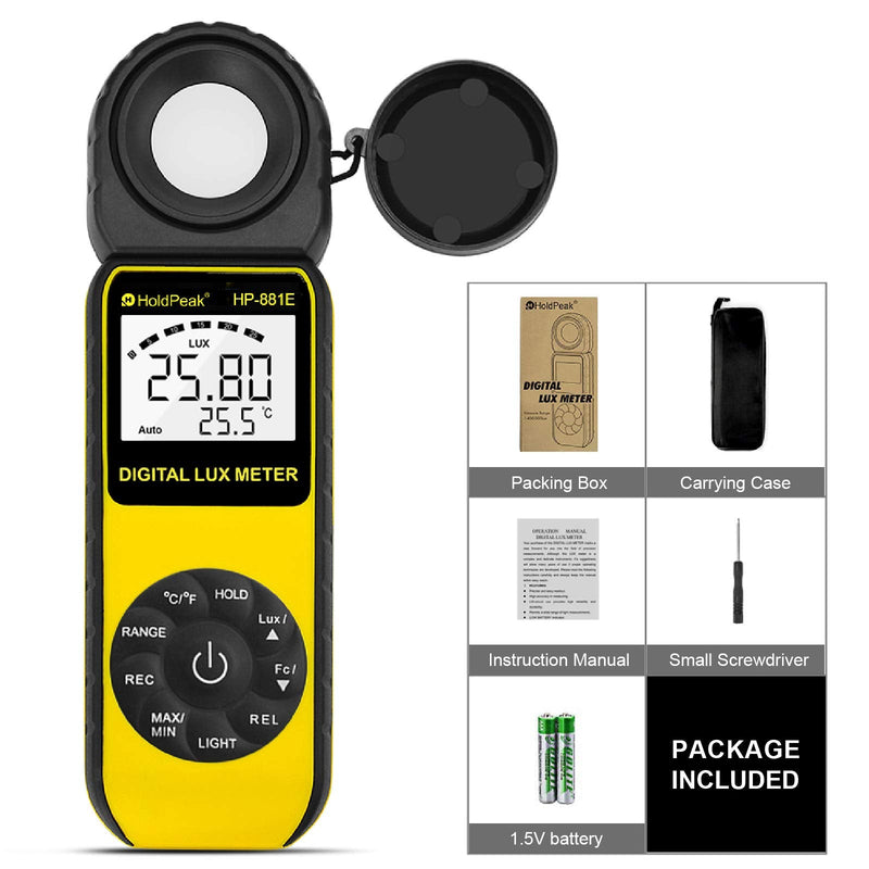 [AUSTRALIA] - Light Meter-HOLDPEAK 881E Digital Illuminanc/Light Meter with 0.01~300,000 Lux (0.01~30,000 FC) Measuring Ranges and 270° Rotatable Detector for LED Lights and Plants Lumen Meter HP-881E(0.1 - 200,000Lux / 1 - 20,000FC) 