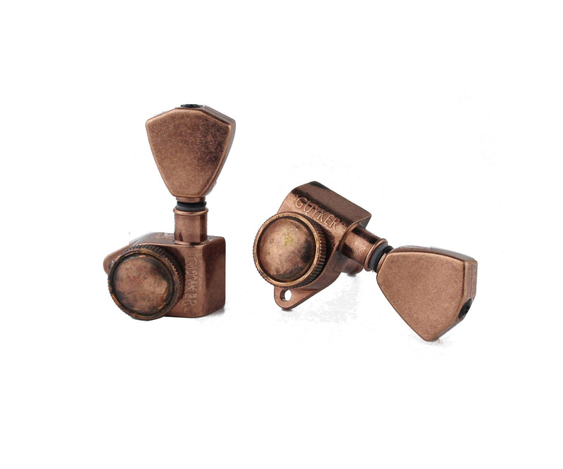 [AUSTRALIA] - Guyker Guitar Locking Tuners (3L + 3R Handed) - 1:21 Models Rear Lock String Tuning Key Pegs Machine Head with Trapezium Handle Replacement for Electric, Folk or Acoustic Guitars - Antique Bronze 
