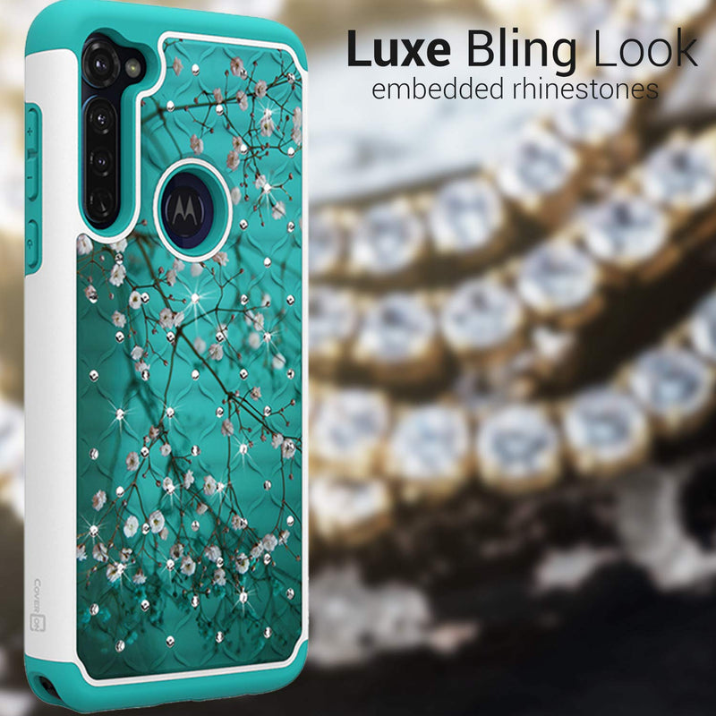 CoverON Bling Hybrid Aurora Series Diamond Bling Rhinestone Dual Cover for Motorola Moto G Stylus Case - Cherry Blossom Flower Tree