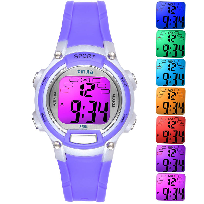 Kids Digital Watches for Girls Boys,7 Colors LED Flashing Waterproof Wrist Watches for Boys Girls Child Sport Outdoor Multifunctional Wrist Watches with Stopwatch/Alarm for Ages 5-14 Purple
