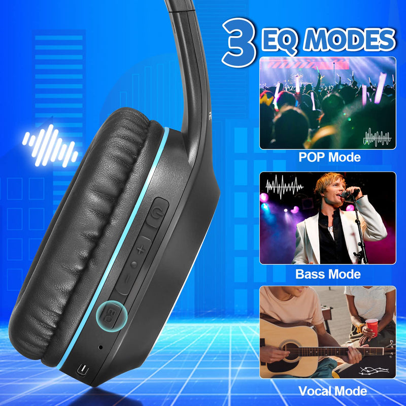 Rydohi Bluetooth Headphones Over Ear, 68H Playtime and 3 EQ Music Modes Wireless Headphones with Microphone/Deep Bass, HiFi Stereo Foldable Lightweight Headset for PC Home Travel Office(Black Blue) Black Blue