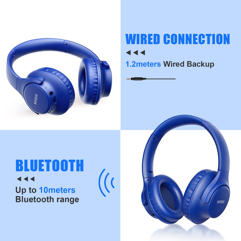 Bluetooth Headphones Over Ear,KVIDIO 55 Hours Playtime Wireless Headphones with Microphone,Foldable Lightweight Headset with Deep Bass,HiFi Stereo Sound for Travel Work Laptop PC Cellphone (Blue) Blue