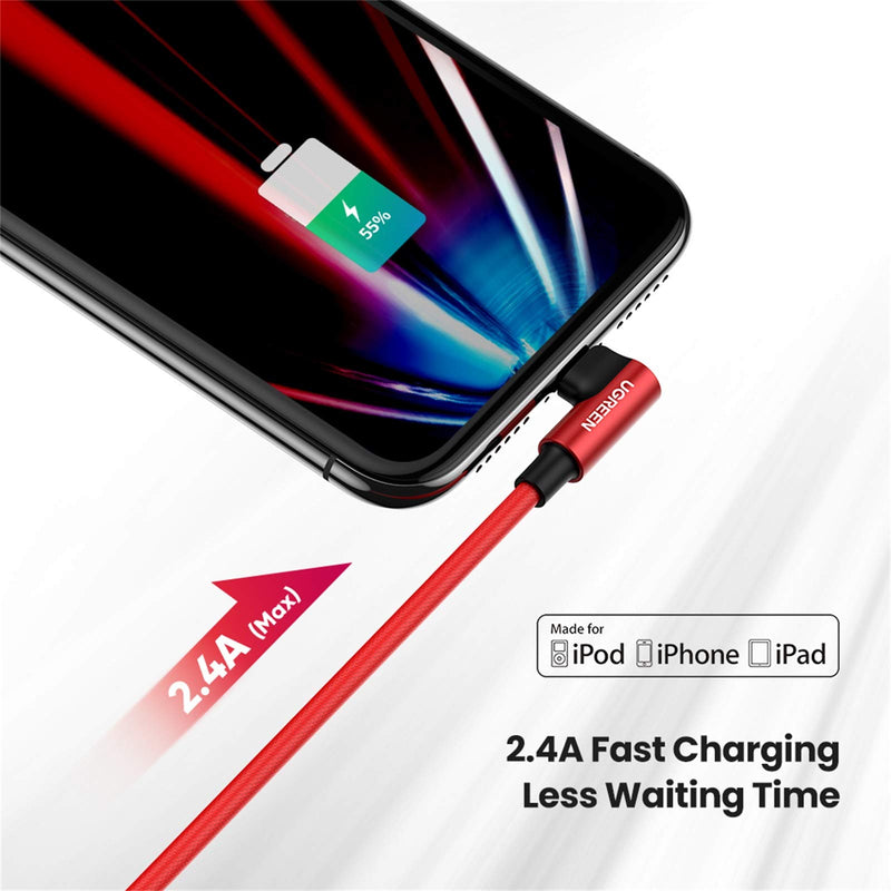 UGREEN iPhone Charger Cable MFi Certified - Right Angle Lightning Cable 90 Degree iPhone Charger Compatible with iPhone 12 Pro Max 11 Pro Xr Xs Max 10 8 Plus 7 6 6s 5c,SE 2020 iPad Mini Air Red 6FT