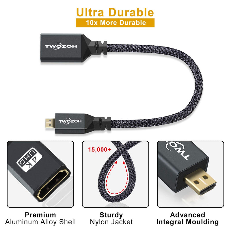 [AUSTRALIA] - Twozoh Micro HDMI to HDMI Adapter Cable, Nylon Braided Micro HDMI Male to HDMI Female Cable (Type D to Type A) Support 4K/3D 