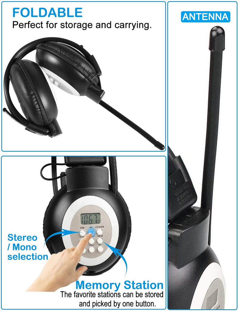 ZHIWHIS FM Portable Radio, Stereo Headsetwith LCD,Over Ear Foldable, Pocket Walkmen Conference Receiver, Small Wireless/Wired Headphones Operated by 2 AA Batteries for Walking/Running ZWS-308
