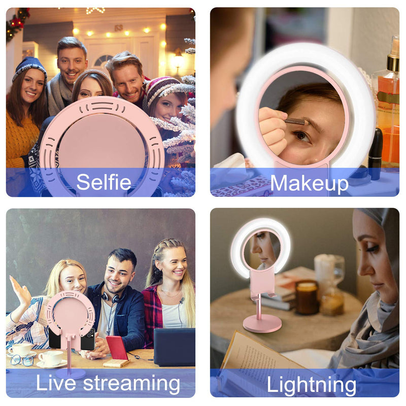 Selfie Ring Light with Phone Holder and Mirror, 6.2" Desktop Circle Light with 3 Lighting Colors and 10 Brightness, Portable Halo Light for YouTube/Makeup/Live Stream/Video Shooting Pink