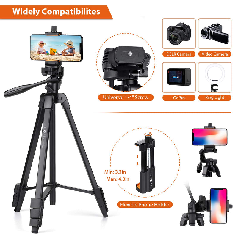 PHOPIK Lightweight Phone Tripod 55-Inch, Video Tripod with 360 Panorama and 1/4” Mounting Screw for Mirrorless/Gopro/DSLR Camera, Phone Holder for Smartphone, Max Load 6.6 Lbs, Carry Bag Inclued.