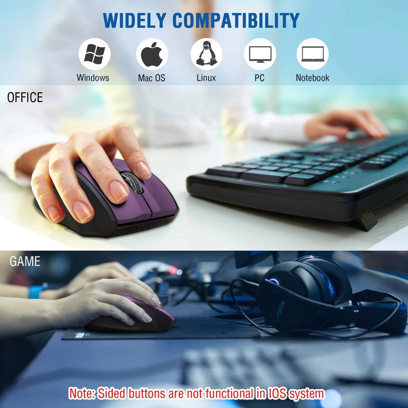 Wireless Mouse, E-YOOSO Computer Mouse 5 Adjustable DPI 6 Buttons Cordless Mouse Wireless Optical Mice with USB Nano Receiver, 2.4G Portable Ergonomic Wireless Mouse for Laptop/Windows/Mac(Purple) Purple