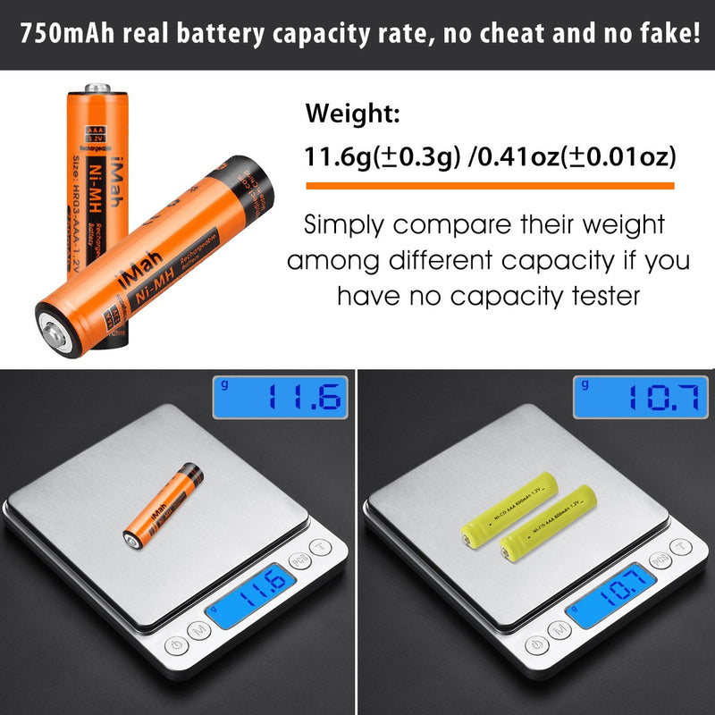 iMah AAA Rechargeable Batteries 1.2V 750mAh Ni-MH, Also Compatible with Panasonic Cordless Phone Battery BK40AAABU HHR-4DPA/4B HHR-55AAABU HHR-65AAABU HHR-75AAA/B Toys Solar Lights, 6-Pack