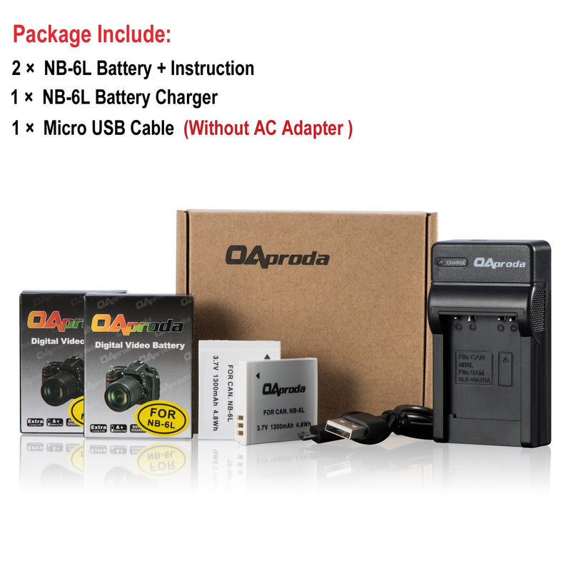 OAproda 2 Pack NB-6L/ NB-6LH Battery and Ultra Slim Micro USB Charger for Canon PowerShot SX530 HS, SX710 HS, SX700 HS, SX610 HS, SX600 HS, SX540 HS, SX510 HS, SX500 is, SX280 HS, SX270 HS, D30, S90