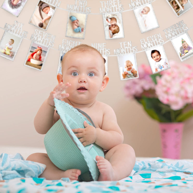 Whaline 1st Birthday Baby Photo Banner for Newborn to 12 Months, Monthly Milestone Photograph Bunting Garland, First Birthday Celebration Decoration (Silver) Silver