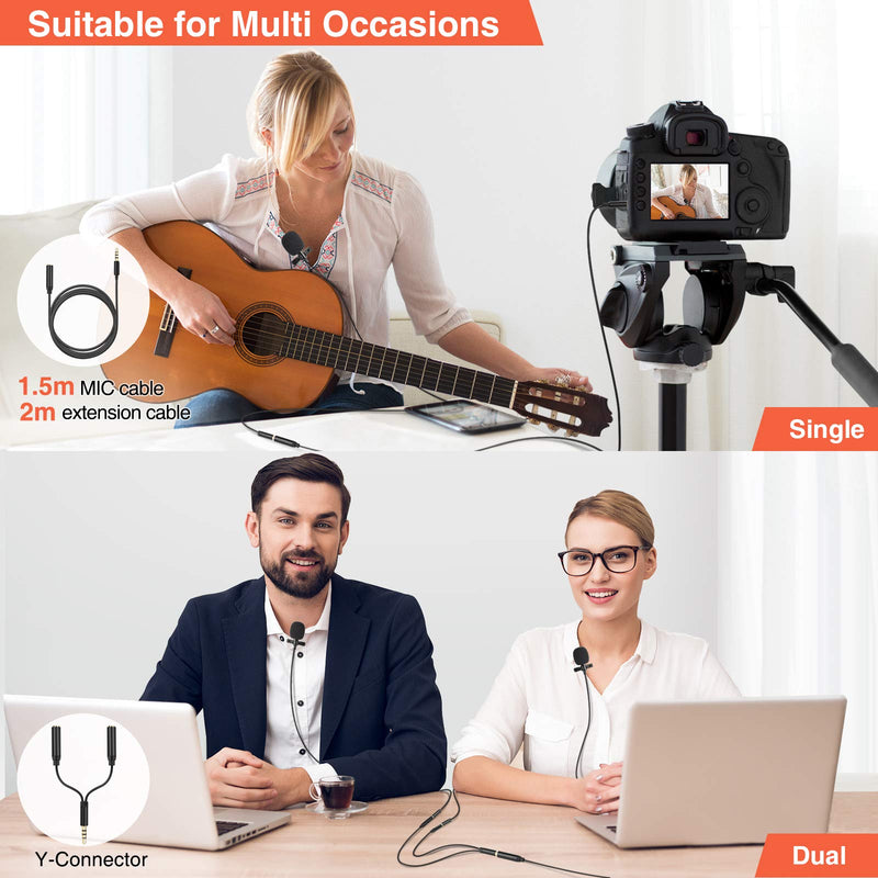 Lavalier Lapel Microphones,LEKATO 2 Pack Bundle Omnidirectional Lavalier Mic, Clip-on Mic Compatible with Android/iPhone/Camera/PC for Interview, YouTube, Recording,Video Conference