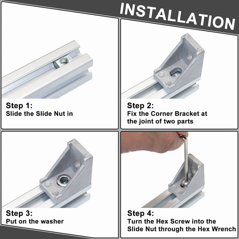 CheeMuii 2020 Corner Bracket Kit,20pcs Corner Brackets 40pcs Hex Screws 40pcs Sliding Nuts,40pcs Washers and 2pcs Hex Wrenchs for Slot 6mm 20s Aluminum Extrusion Profile Rail Accessories 20sets Silver