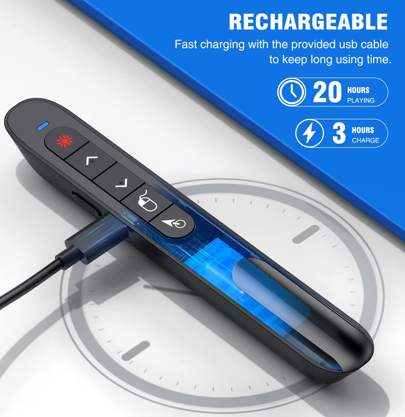 DINOSTRIKE Wireless Presenter Remote with Air Mouse Control, Rechargeable USB Presentation Clicker PPT Pointer RF 2.4GZ PowerPoint Clicker Slide Advancer for Computer Laptop Mac Red Laser