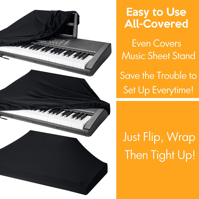 Piano Keyboard Dust Cover, 61 Keys Piano Music Keyboard Cover, Stretchy Electronic Keyboard Piano DirtProof Cover, Piano Keyboard Cover With Durable Elastic & Cord Lock, Black 61 to 76 Keys