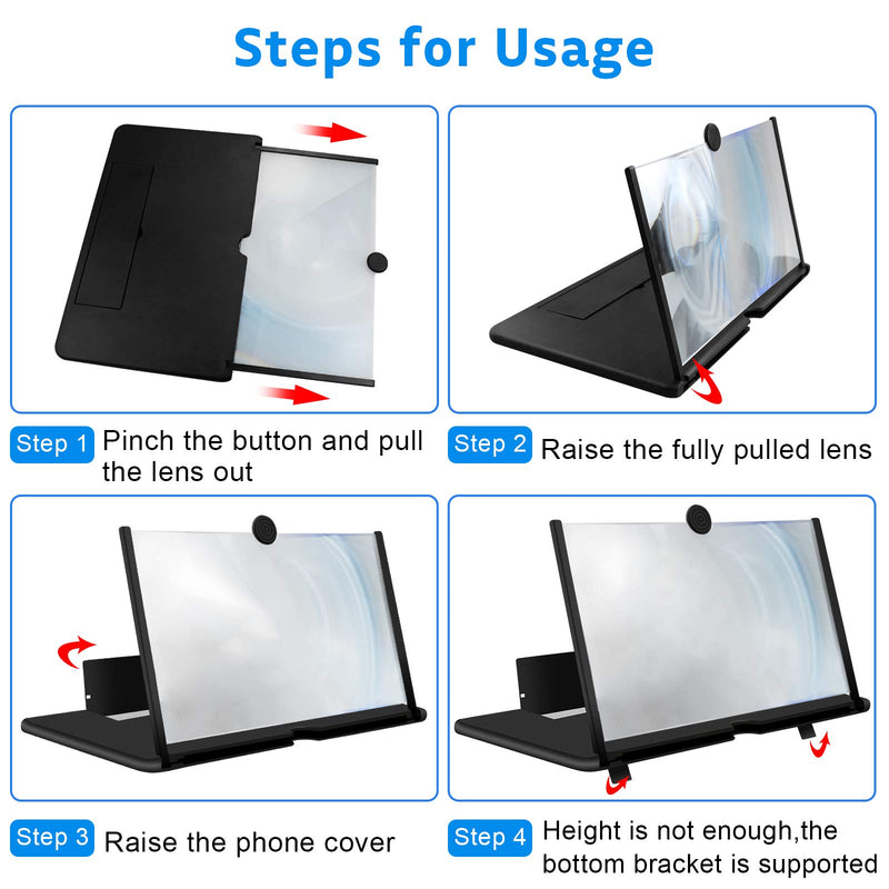 Screen Magnifier for Cell Phone, 14" 3D HD Mobile Phone Screen Amplifier with Folding Stand Holder, Magnifying Projector Screen Enlarger for Movies, Videos, Gaming - 3X Magnification Anti-Reflective Black