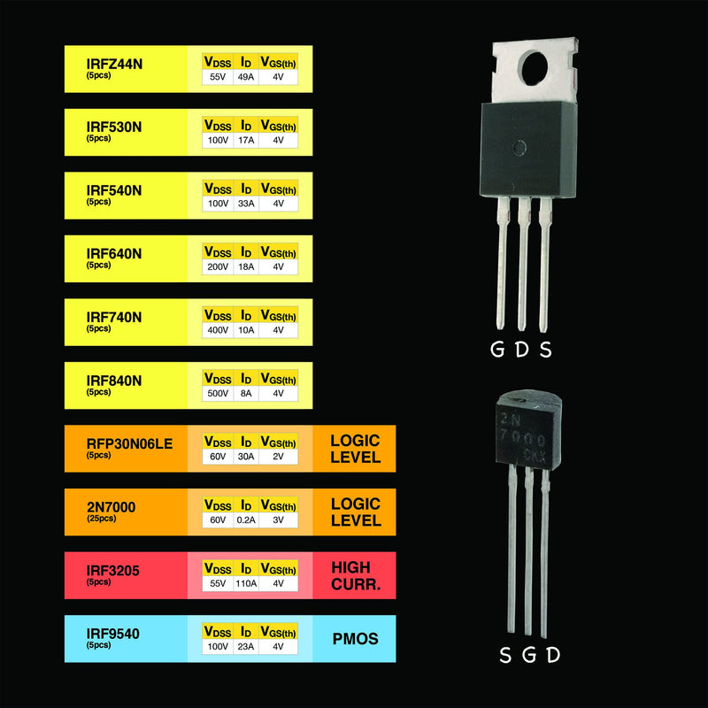 EEEEE 10 Values 70 Pcs Logic Level PMOS NMOS Kit MOSFET Transistor Assortment Kit N Channel P Channel MOSFET Driver IRFZ44N IRF530N IRF540N IRF640N IRF740 IRF840 RFP30N06LE 2N7000 IRF3205 IRF9540