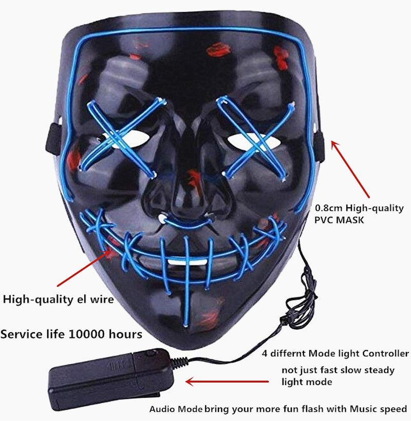 Moonideal Halloween Light Up Mask EL Wire Scary Mask for Halloween Festival Party Sound Induction Twinkling with Music Speed Blue