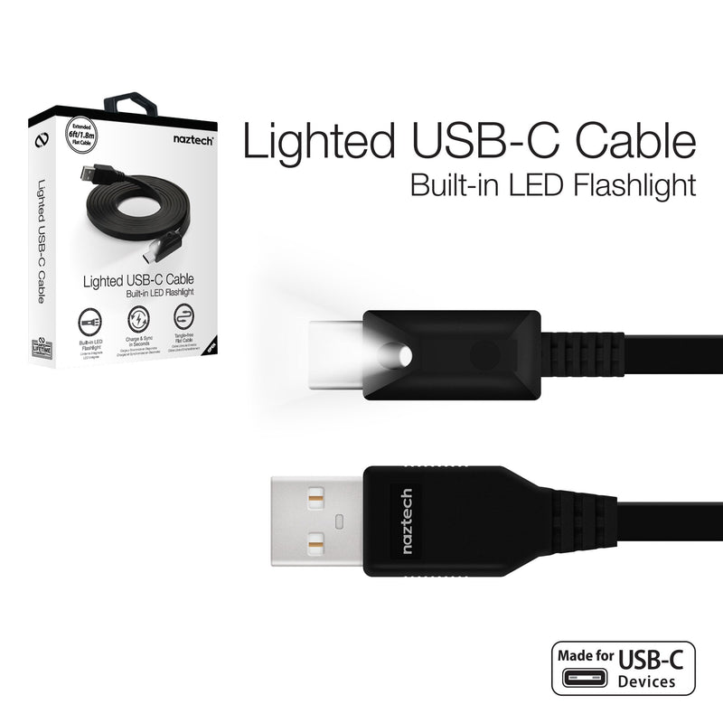 Naztech 6ft LED USB-C High-Speed Cable Transfers Data, Music, Pictures Compatible with Galaxy S21/S20/S10, Note20 5G/10, Pixel + More - Black [14064]
