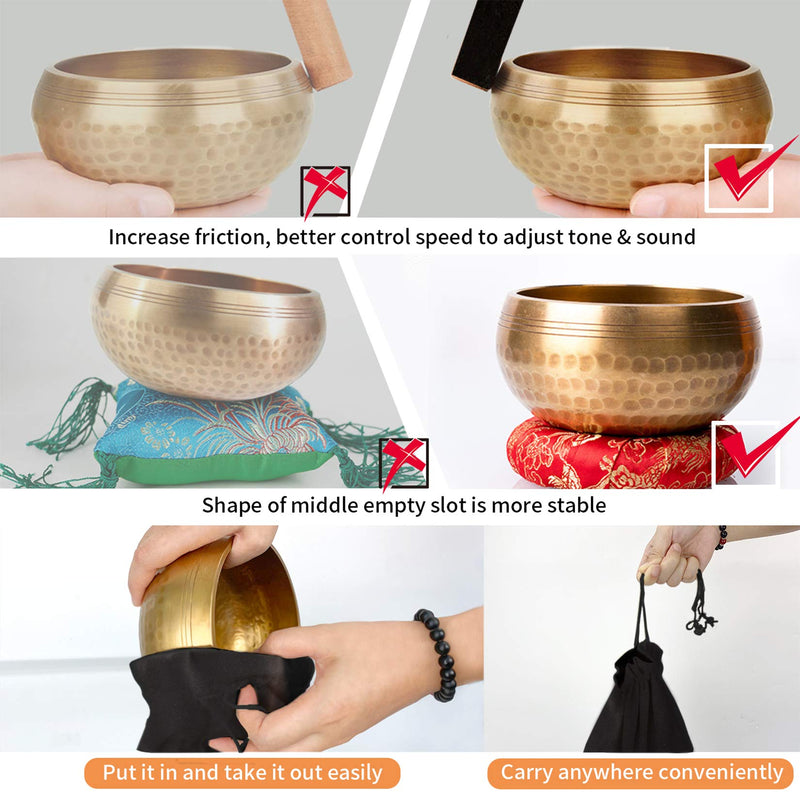 Tibetan Singing Bowl Set~ 3.7" Premium Meditation Sound Bowl with Exquisite Workmanship~ Handcrafted in Nepal~ Promotes Peace, Chakra Healing, Mindfulness(Dual Surface Mallet & Silk Cushion Included) Small