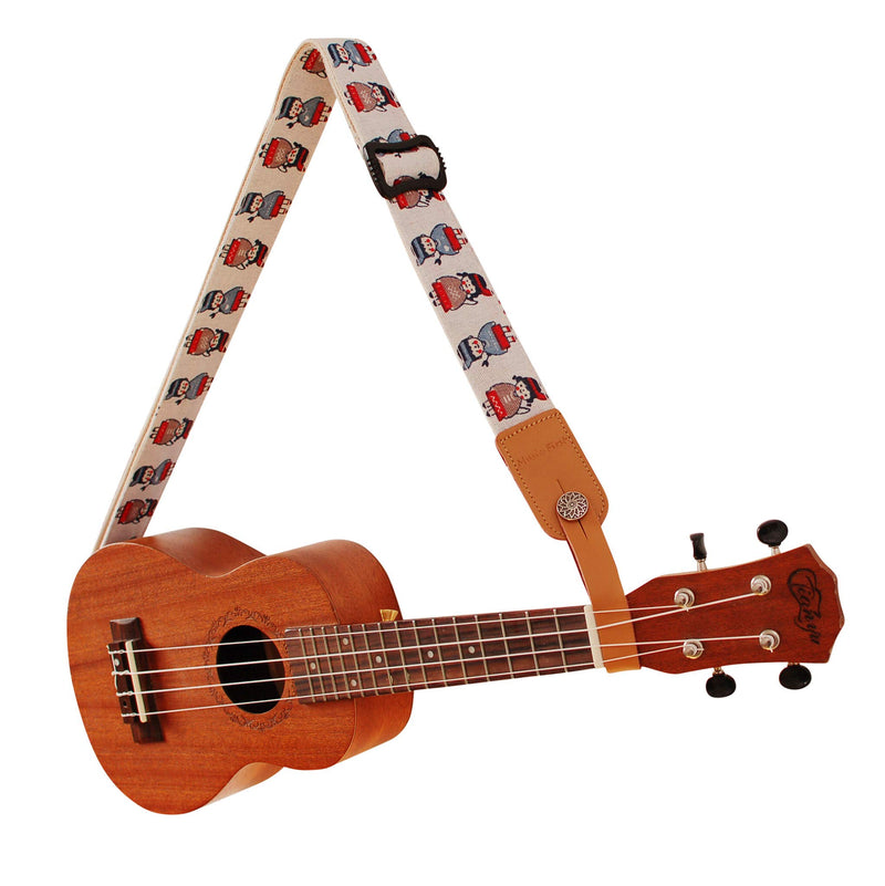 MUSIC FIRST Original Design “CARTOON KIDS” Soft Cotton & Linen & Genuine Leather Ukulele Strap Ukulele Shoulder Strap With a MUSIC FIRST Genuine Leather Strap Locker