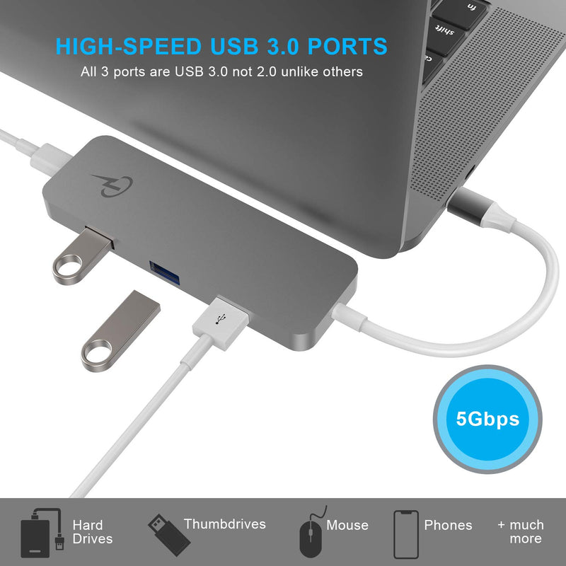 CharJenPro USB C Hub for MacBook Pro (M1) 16", 15", 13", 2021,2020, 2019, 2018, MacBook Air 2020, 2019, 2018, USB C Power, HDMI 4K, 3 USB 3.0, microSD, SD Card Reader. Gray