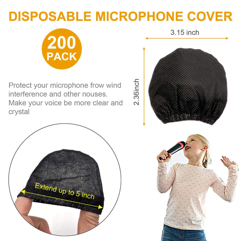 200pcs Disposable Microphone Cover, Non-Woven Elastic Band Handheld Mic Covers, Microphone Windscreen Protective Cover for KTV, Karaoke, Recording Studio, Stage Performance, News Interview (Black)