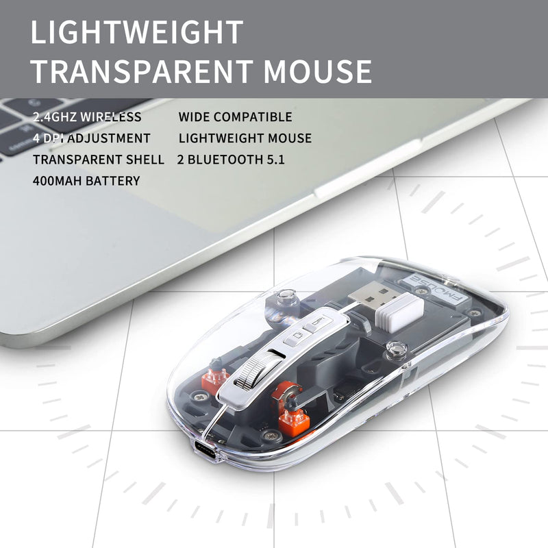 Wireless Bluetooth Mouse, LED Slim Rechargeable Wireless Silent Mouse with USB Receiver and Type C Adapter, Disassembly Magnetic Transparent Surface Cover Quiet Mouse for PC, Laptop, Mac, Desktop Gray