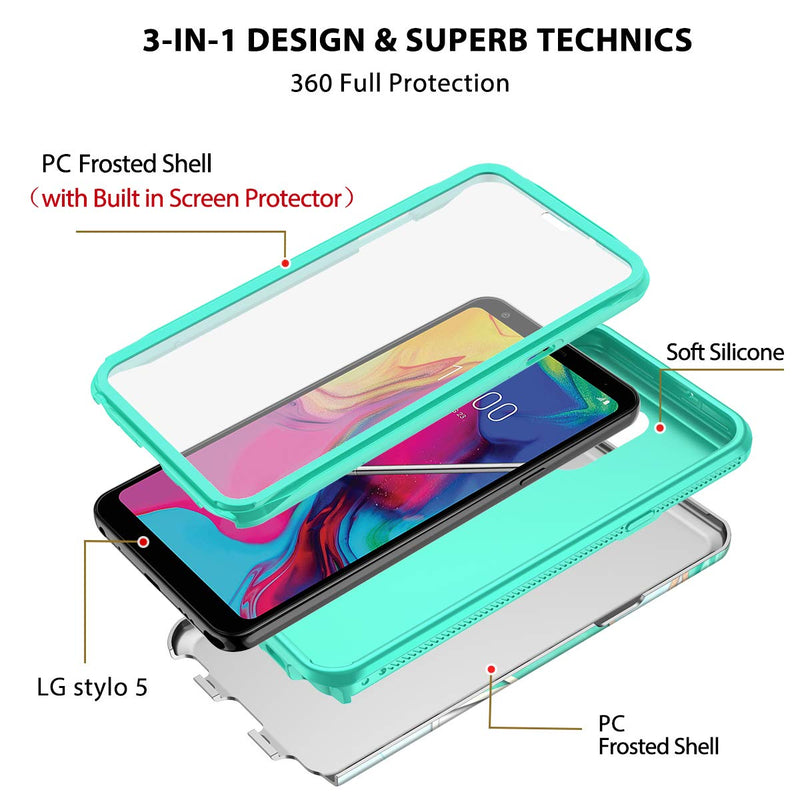 Hekodonk for LG Stylo 5/5+ Plus/5X/5v Case Built in Screen Protector Heavy Duty High Impact Hard PC TPU Bumper Full Body Protective Shockproof Anti-Scratch Cover for LG Stylo 5 -Marble Mint Marble Mint