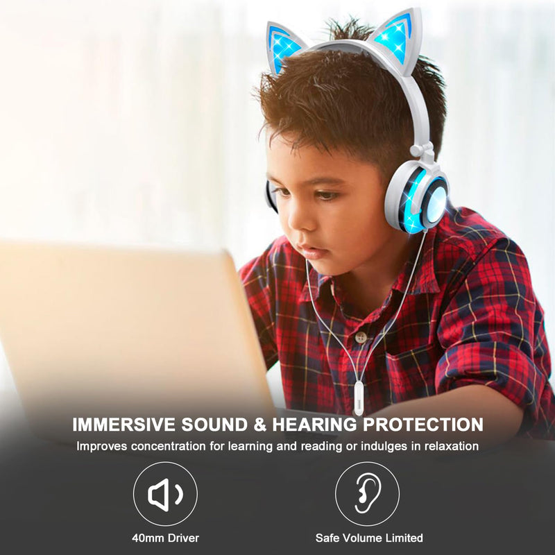 Olyre Kids Headphones Wired with Cat Ear,Safe Volume Foldable Adjustable Flashing LED On Ear Headphones with Mic,Tangle-Free 3.5mm Plug Compatible Smartphones Computer Kindle Tablet for School Travel White