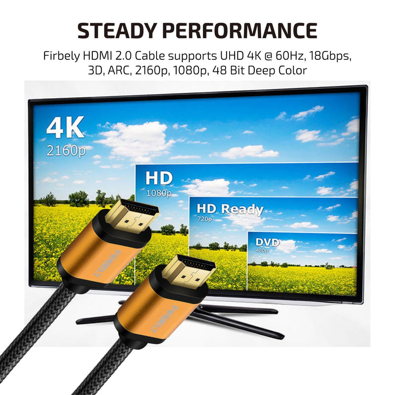 FIRBELY High Speed HDMI Cable- UHD HDMI Cord Braided Gold Plated Connector 60Hz Ultra High Speed 18Gbps Support Fire TV/Ethernet/Audio Return/Video 4K UHD 2160p HD 1080p 3D/Xbox Playstation 6 feet