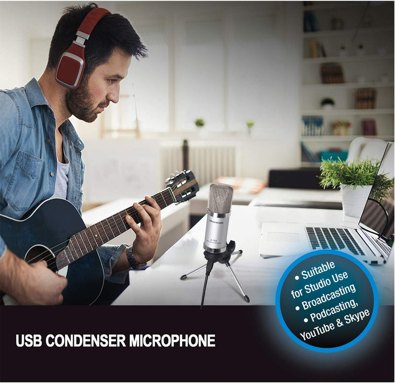 USB Microphone, Alvoxcon Unidirectional Condenser PC microphone for Computer (Mac/Windows), Podcasting, Vlog, Youtube, Studio Recording, Stream, Voice Over, Vocal Dictation with Desktop Tripod Stand Silver