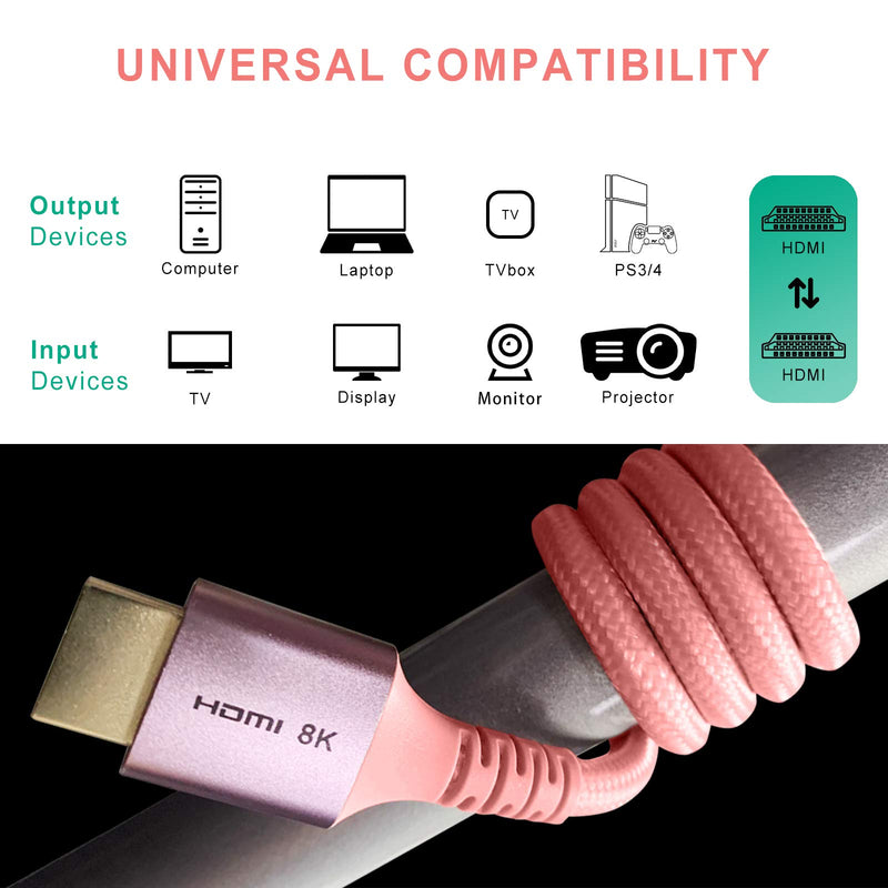 EONZONE 6.6ft 8K HDMI Cable 2.1 Ultra HD High Speed 48Gpbs 8K60 4K120 144Hz eARC HDR10 HDCP 2.2&2.3 Compatible for Xbox One X PS4 PS5 Roku Fire TV Apple TV Nintendo Switch Sony LG Samsung 2m/6.6ft Rose Gold