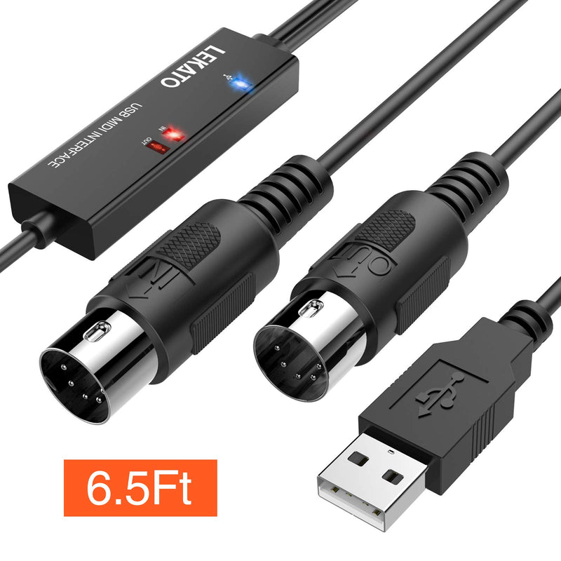 LEKATO MIDI to USB Interface MIDI Cable Adapter, 5-Pin DIN MIDI USB Cable with Input & Output Connecting with Keyboard/Synthesizer for Editing & Recording Track Work with Windows/Mac for Studio-6.5Ft