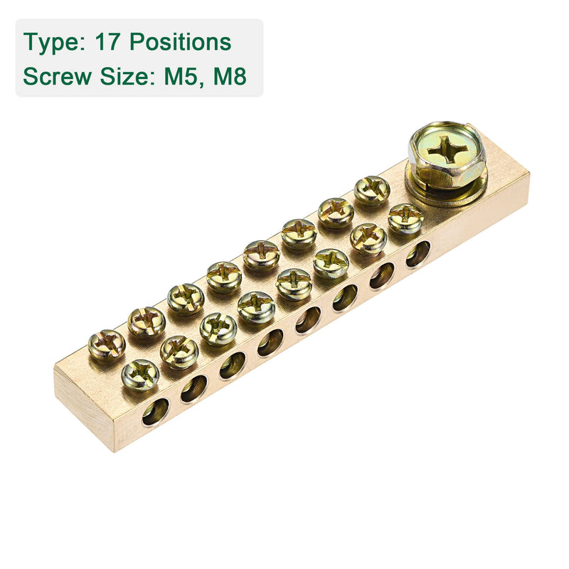MECCANIXITY Terminal Ground Bar Screw Block Barrier Brass 17 Positions for Electrical Distribution 2 Pcs