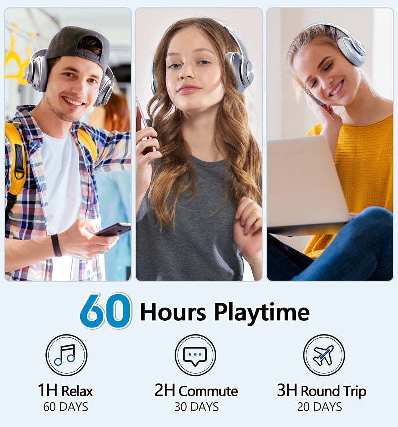 Bluetooth Headphones Over-Ear, 60 Hours Playtime Foldable Lightweight Wireless Headphones Hi-Fi Stereo with 6 EQ Modes, Bass Adjustable Headset with Built-in HD Mic, FM, SD/TF for Cell Phone/PC/Home Silver
