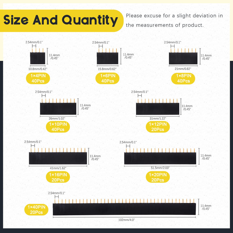 Mardatt 240 Pcs 2.54mm Female Pitch Straight Single Row Pin Headers Socket Assortment Kit 4/6/8/10/12/16/20/40 Pins Connector Housing PCB Board Pin Connector Set