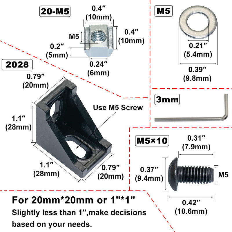 CheeMuii 2020 Corner Bracket Kit,20pcs Corner Brackets 40pcs Hex Screws 40pcs Slide Nuts,40pcs Washers and 2pcs Hex Wrenchs for Slot 6mm 20s Aluminum Extrusion Profile Rail Accessories 20sets Black
