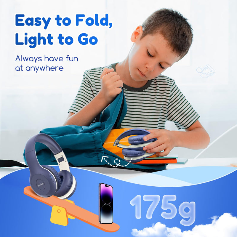 [AUSTRALIA] - Kids Bluetooth Headphones, EarFun K2 Kids Headphones with Volume Limited, 40H Playtime, Bluetooth 5.0 Headphones with Mic, Stereo Sound, Foldable Over-Ear Headphones for Kids/School/Travel/iPad/Tablet 