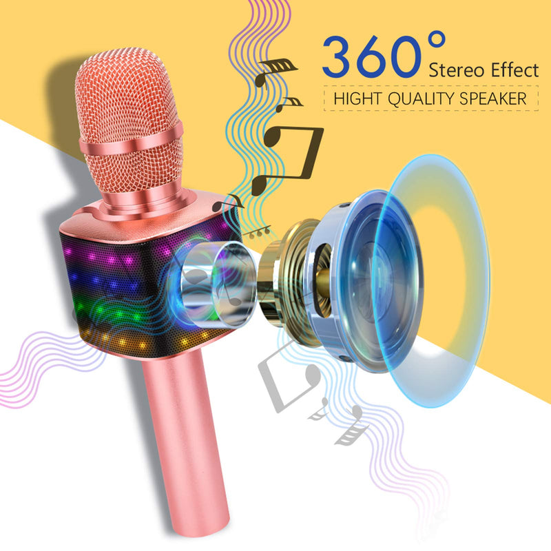 BONAOK Wireless Bluetooth Karaoke Singing Microphone with Flashing Lights, 4 in 1 Portable Bluetooth Karaoke Machine Home Party Christmas for Android/iPhone/iPad/PC (Pink) Rose Gold