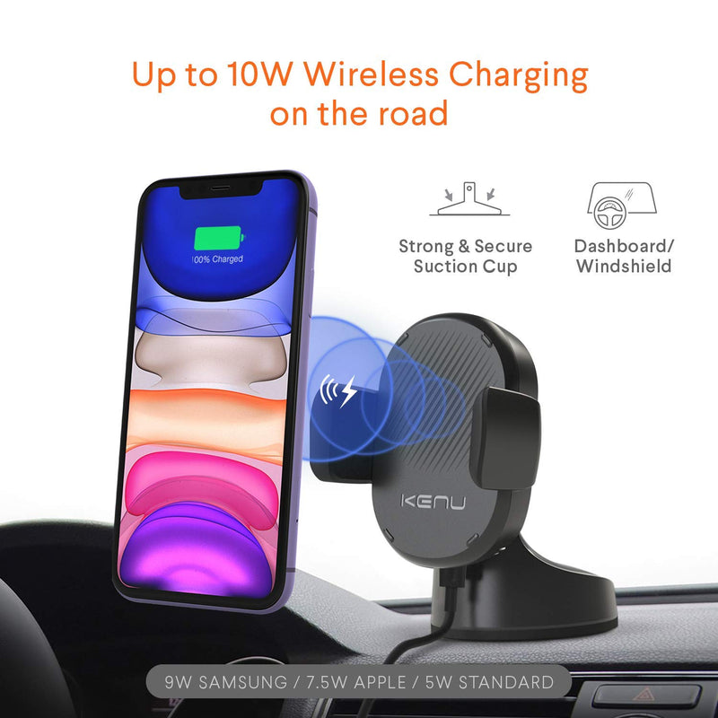 Kenu Airbase Car Phone Mount Wireless Charger - Windshield, Dashboard, Desk Phone Holder - Suction Cup and 360 Degree Pivot, Qi Fast-Charging - Use with Latest iPhones, Samsung and Androids Suction Mount