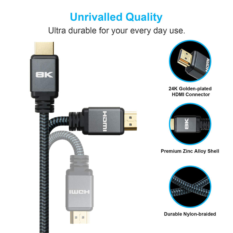8K HDMI Cable, 6ft 3 Pack High Speed 48Gbps HDMI 2.1 Cable, Nylon Braided Supports 8K, 10K, 5K, 4K, 2K, Real 8K 60Hz, 4K 120Hz, HDCP 2.2, Dynamic HDR, eARC, HDMI 2.1 Cord for TV, Monitor (6ft 3 Pack) 6 Feet (3-Pack)