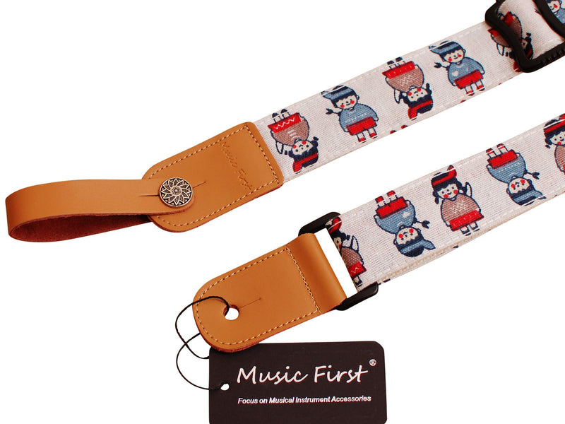 MUSIC FIRST Original Design “CARTOON KIDS” Soft Cotton & Linen & Genuine Leather Ukulele Strap Ukulele Shoulder Strap With a MUSIC FIRST Genuine Leather Strap Locker