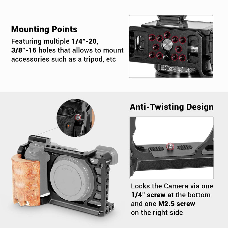 SMALLRIG Camera A6500 Cage Kit with Wooden Handle Hand Grip for Sony Alpha A6500/ILCE-6500 4K Digital Mirrorless Camera - 2097