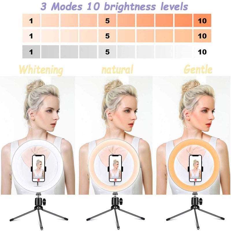 Selfie LED Ring Light 10'' with Tripod Stand & Phone Holder & Remote Control for TikTok YouTube Video, Dimmable Desk LED Ring Light for Video/Live Stream/Makeup/Photography