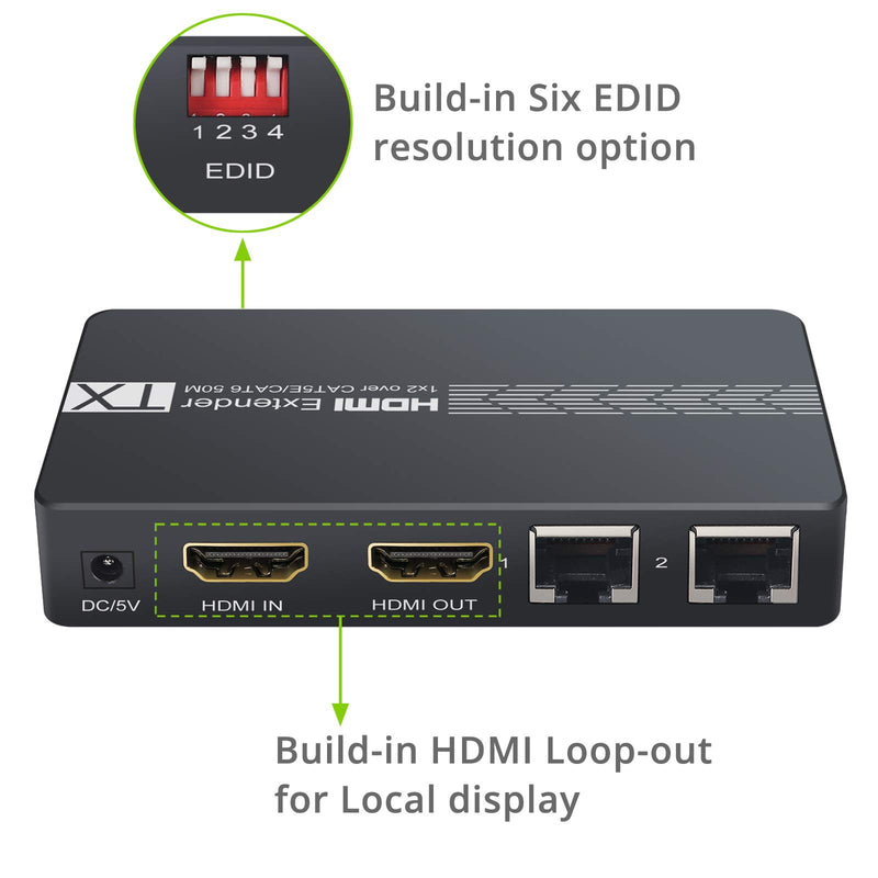 LiNKFOR HDMI Extender Splitter 1 to 2 Over Ethernet Cat6 / Cat7 Up to 50M (165Ft) Loop Out Function with IR EDID 1080P@60Hz Lossless Transmission POC Function for PS3 PS4 TV Box PC Laptop